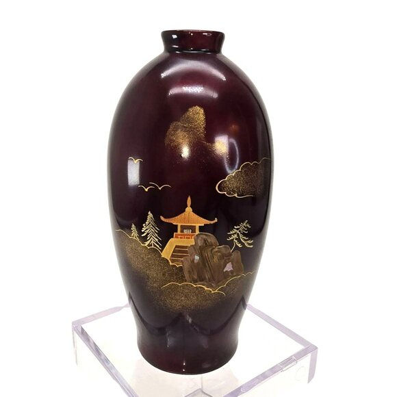 Royal Kutani Porcelain Vase Red Laquer With Japanese Pagoda & Landscape JE382 - Picture 1 of 10